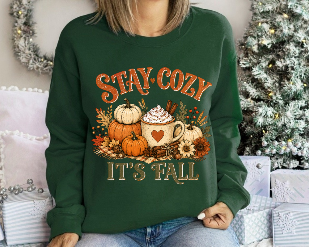 Stay Cozy It's Fall Sweatshirt, Cozy Autumn Pumpkin Crewneck, Fall Coffee Graphic Pullover, Cute Thanksgiving Sweatshirt, Fall Gift for Women