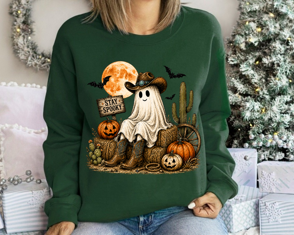 Western Ghost Sweatshirt, Cowgirl Halloween Crewneck, Stay Spooky Pumpkin Shirt, Cute Cowboy Ghost Fall Sweatshirt, Country Halloween Gift for Women