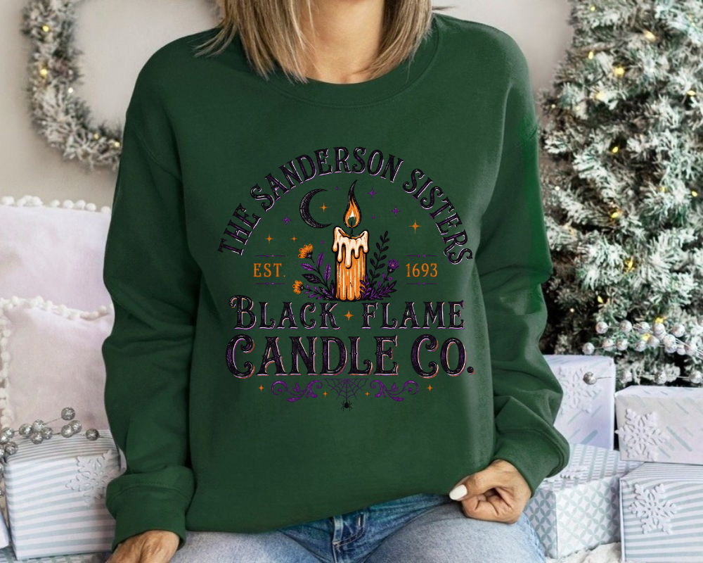 Black Flame Candle Co., Vintage Halloween Sweatshirt, Witchy Spooky Season Crewneck, Hocus Pocus Inspired Graphic Shirt, Fall Halloween Gift for Women