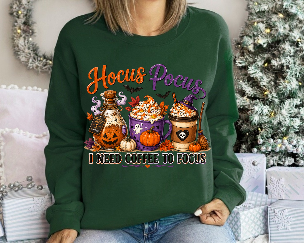 Hocus Pocus Sweatshirt, I Need Coffee To Focus Sweatshirt, Halloween Coffee Shirt, Witch Coffee Lover Graphic Crewneck, Pumpkin Spice Fall Sweatshirt, Gift for Women