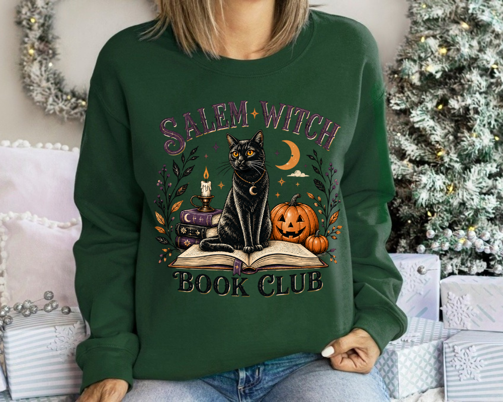 Salem Witch Book Club, Black Cat Halloween Sweatshirt, Vintage Spooky Season Crewneck, Witchy Book Lover Gift, Fall Graphic Pullover