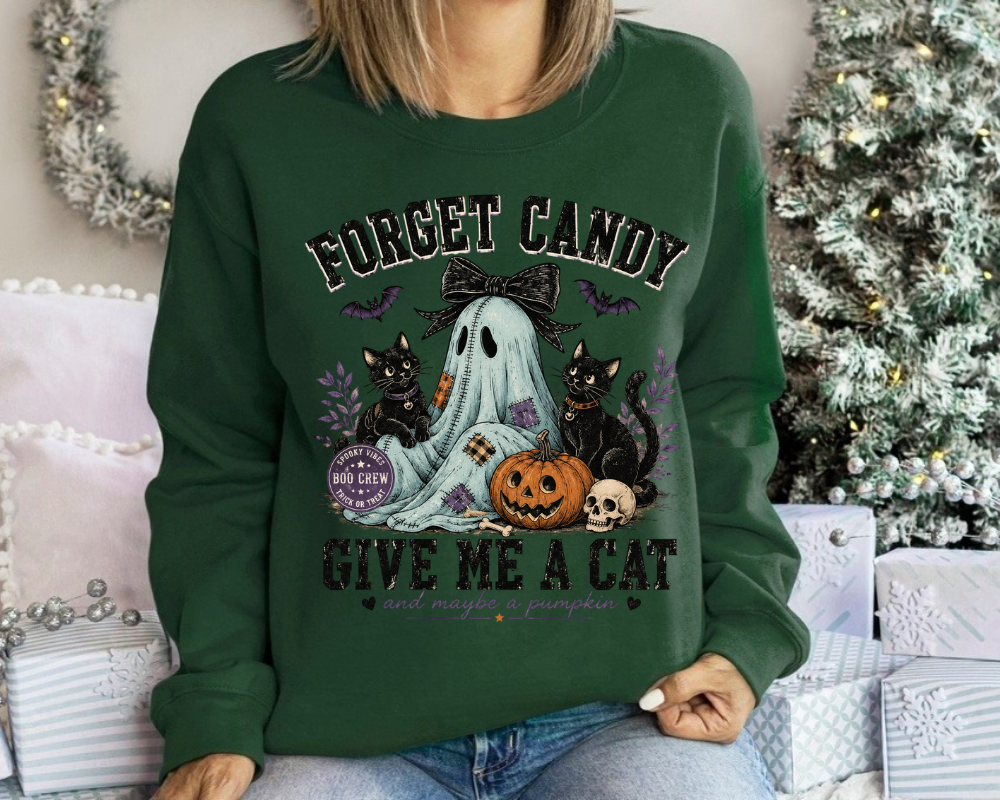 Forget Candy Give Me a Cat Sweatshirt, Black Cat Ghost Halloween Crewneck, Cute Spooky Season Sweatshirt, Cat Lover Fall Shirt, Halloween Gift for Women