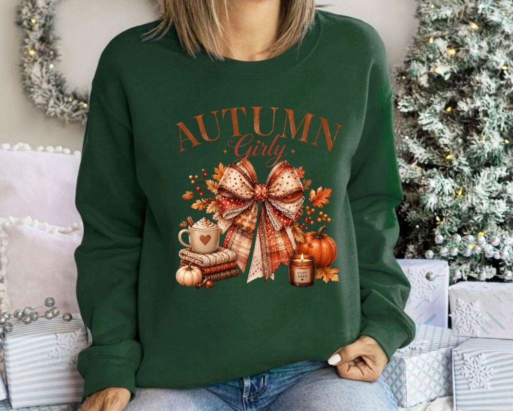 Cozy Autumn Girly Fall Sweatshirt, Coquette Autumn Bow Shirt, Pumpkin Spice Season Crewneck, Cute Fall Aesthetic Gift