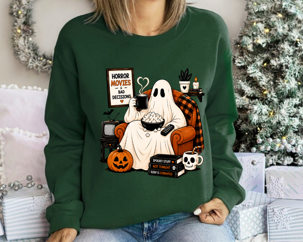 Horror Movies & Bad Decisions Halloween Sweatshirt, Spooky Season Ghost Movie Night, Gift for Women