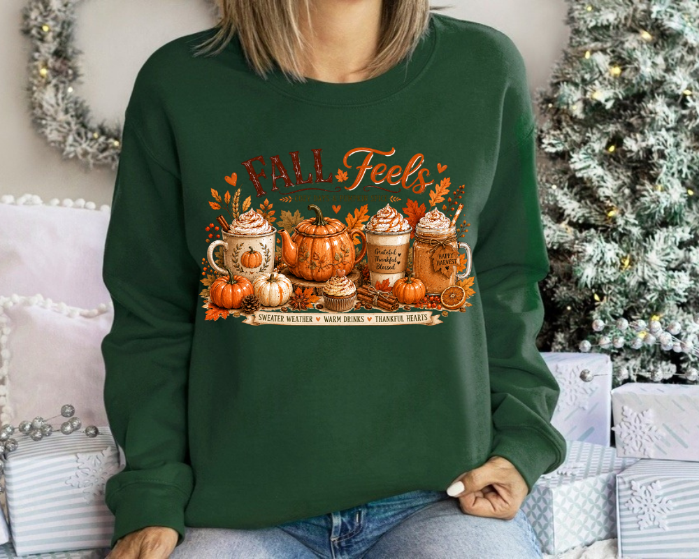 Fall Feels Sweatshirt, Pumpkin Spice Coffee Sweatshirt, Cozy Autumn Crewneck for Women