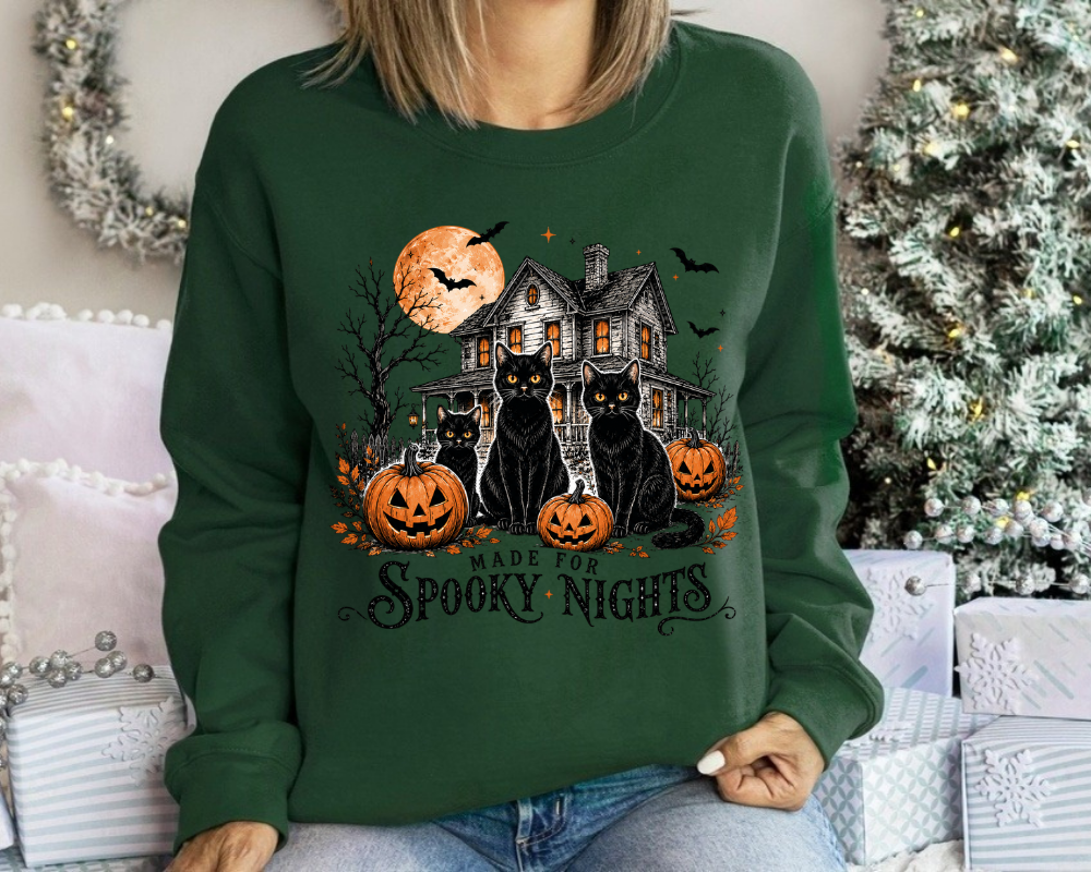 Made for Spooky Nights Black Cat Halloween Sweatshirt, Haunted House Crewneck, Gift for Cat Lovers