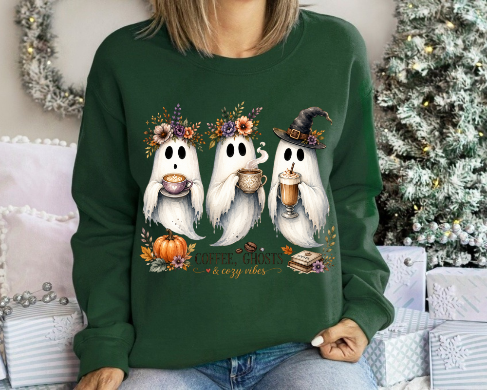 Cute Ghost Halloween Sweatshirt, Coffee Ghosts & Cozy Vibes Crewneck, Spooky Season Coffee Shirt, Fall Coffee Lover Gift