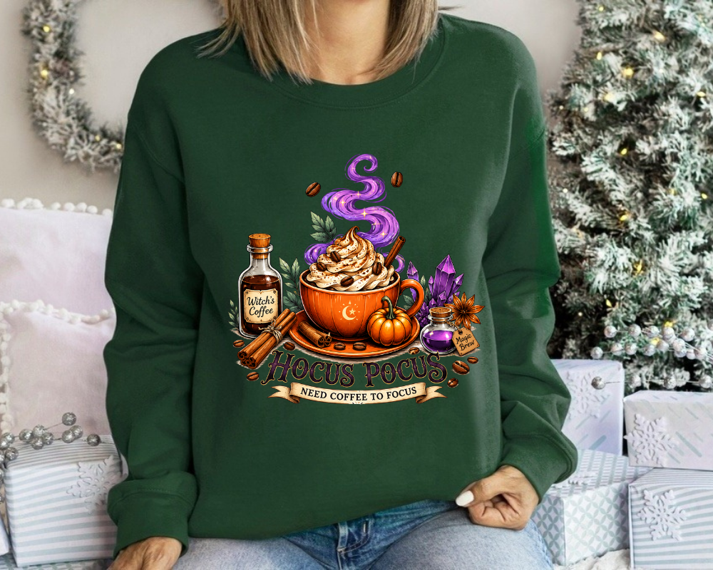 Hocus Pocus Coffee Lover Sweatshirt, Cozy Halloween Witch Crewneck, Fall Gift for Her