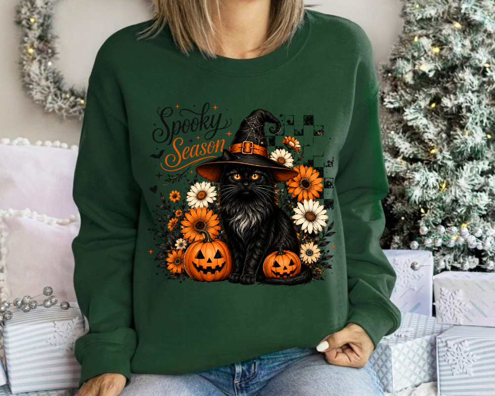 Spooky Season Halloween Sweatshirt, Witch Black Cat Crewneck, Gift for Cat Lovers