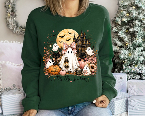 'Tis the Season - Haunted House Ghost Halloween Sweatshirt, Black Cat Shirt, Spooky Season Graphic Crewneck, Dark Halloween Gift