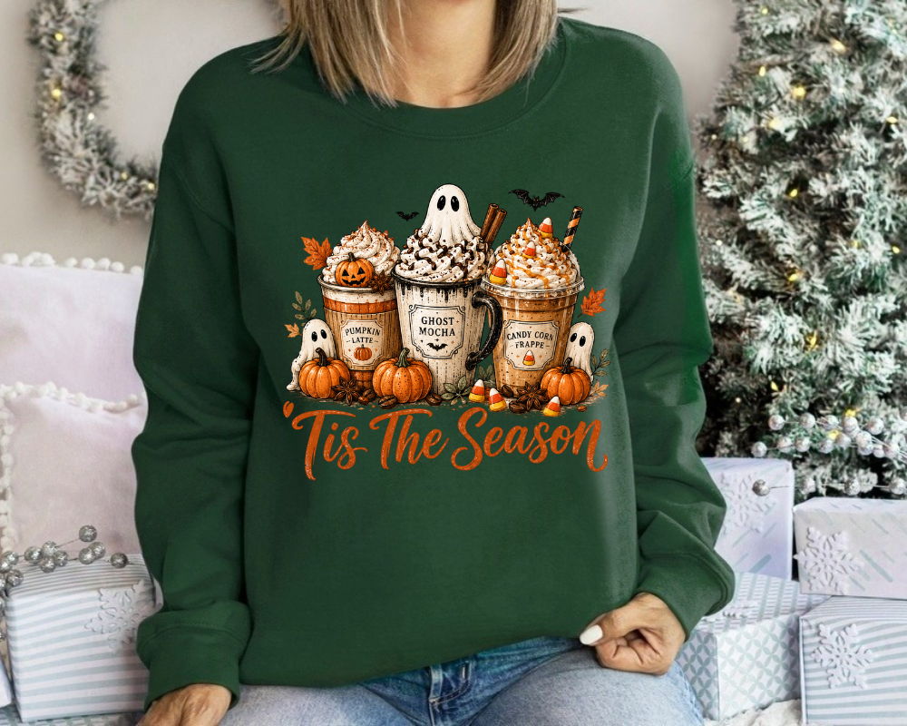 Tis The Season Ghost Halloween Sweatshirt, Ghost Coffee Sweatshirt, Pumpkin Spice Latte Shirt, Fall Coffee Sweater, Halloween Coffee Lover Gifts