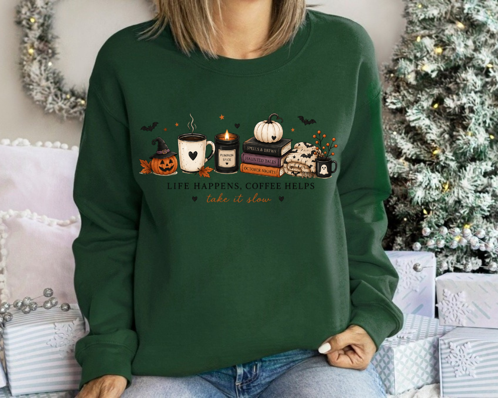 Halloween Coffee Sweatshirt for Women – Life Happens, Coffee Helps Take It Slow, Cozy Pumpkin Spice Ghost Fall Hoodie, Cute Spooky Season Gift
