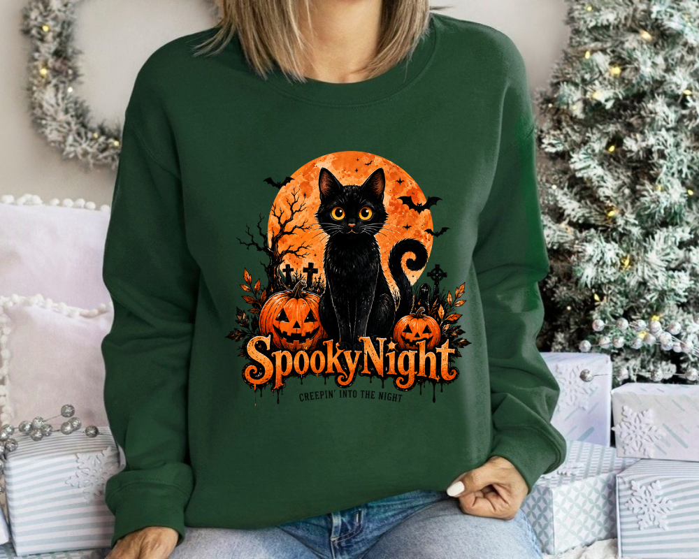 Spooky Night Black Cat Halloween Sweatshirt, Pumpkin Crewneck, Gift for Cat Lovers