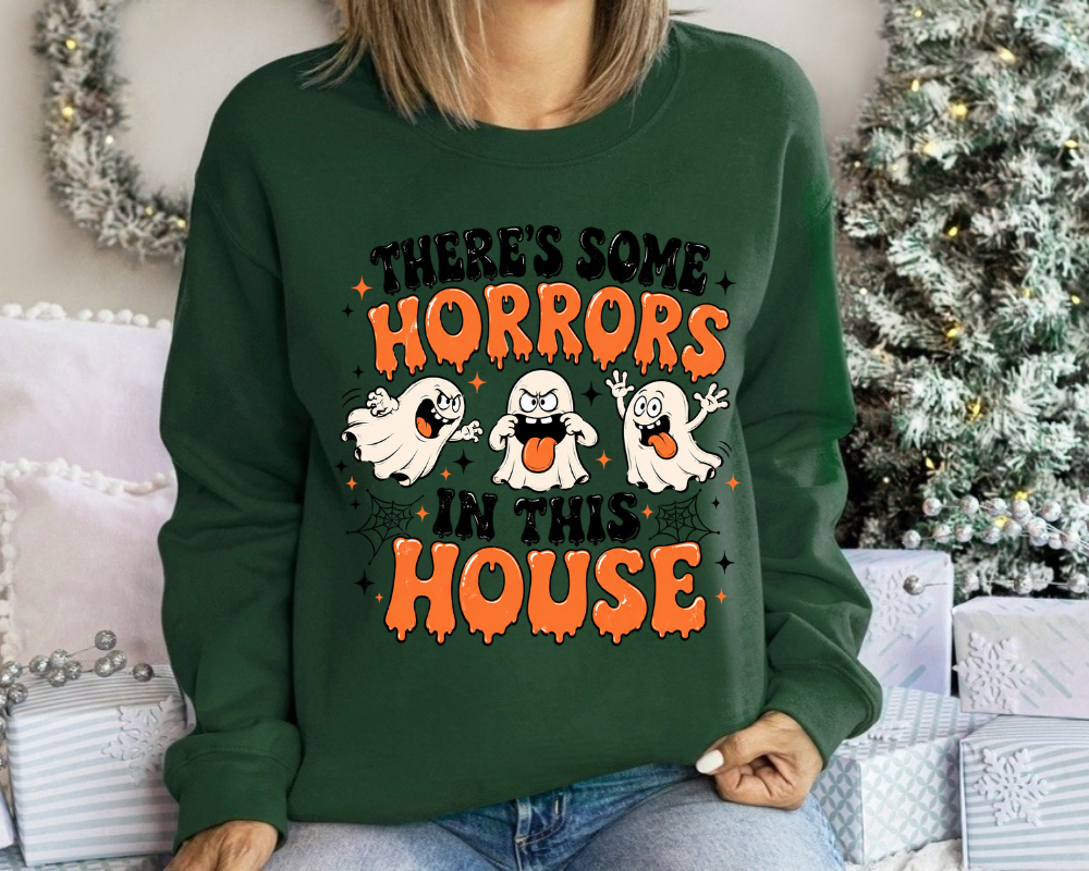 There's Some Horrors In This House Halloween Sweatshirt, Funny Ghost Crewneck, Cute Spooky Season Graphic Pullover, Halloween Party Sweatshirt, Funny Halloween Gift for Women