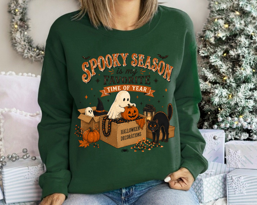 Spooky Season Is My Favorite Time of Year Halloween Sweatshirt, Cute Ghost Pumpkin Crewneck, Black Cat Fall Graphic Pullover, Cozy Autumn Halloween Gift for Women
