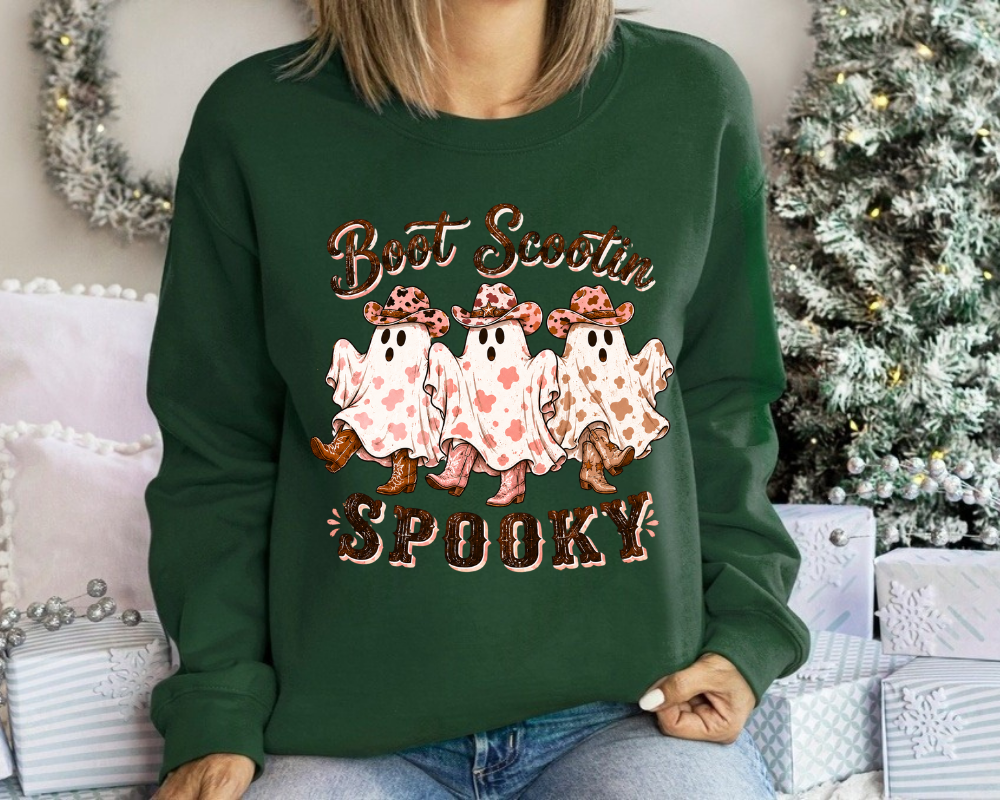 Boot Scootin Spooky Ghost Halloween Sweatshirt, Cowgirl Ghost Shirt, Western Halloween Crewneck, Cute Cowboy Ghost Fall Sweatshirt