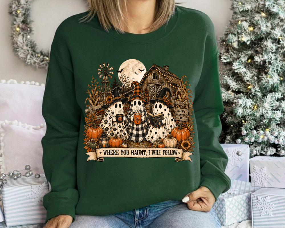 Where You Haunt, I Will Follow - Cute Ghost Halloween Sweatshirt, Farmhouse Ghost Crewneck, Spooky Season Shirt, Ghost Family Fall Sweatshirt