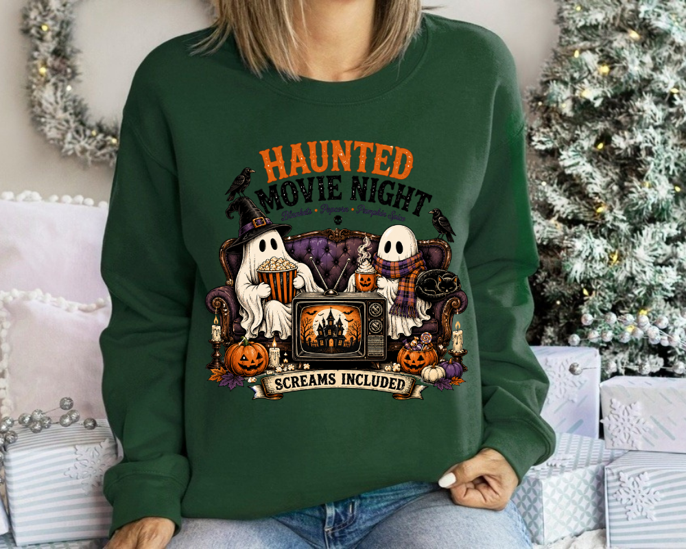 Haunted Movie Night Halloween Sweatshirt, Cute Ghost Crewneck, Cozy Spooky Season Gift for Women