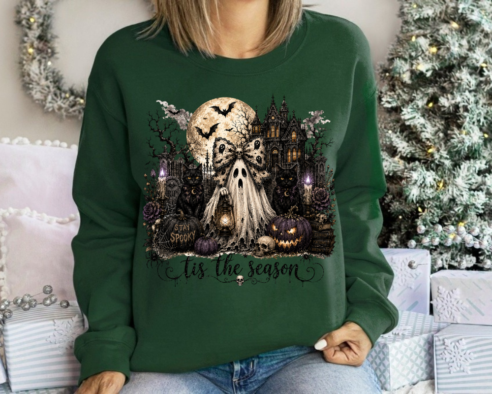 'Tis the Season - Gothic Halloween Ghost Sweatshirt, Haunted House Black Cat Shirt, Spooky Season Graphic Crewneck, Dark Halloween Gift