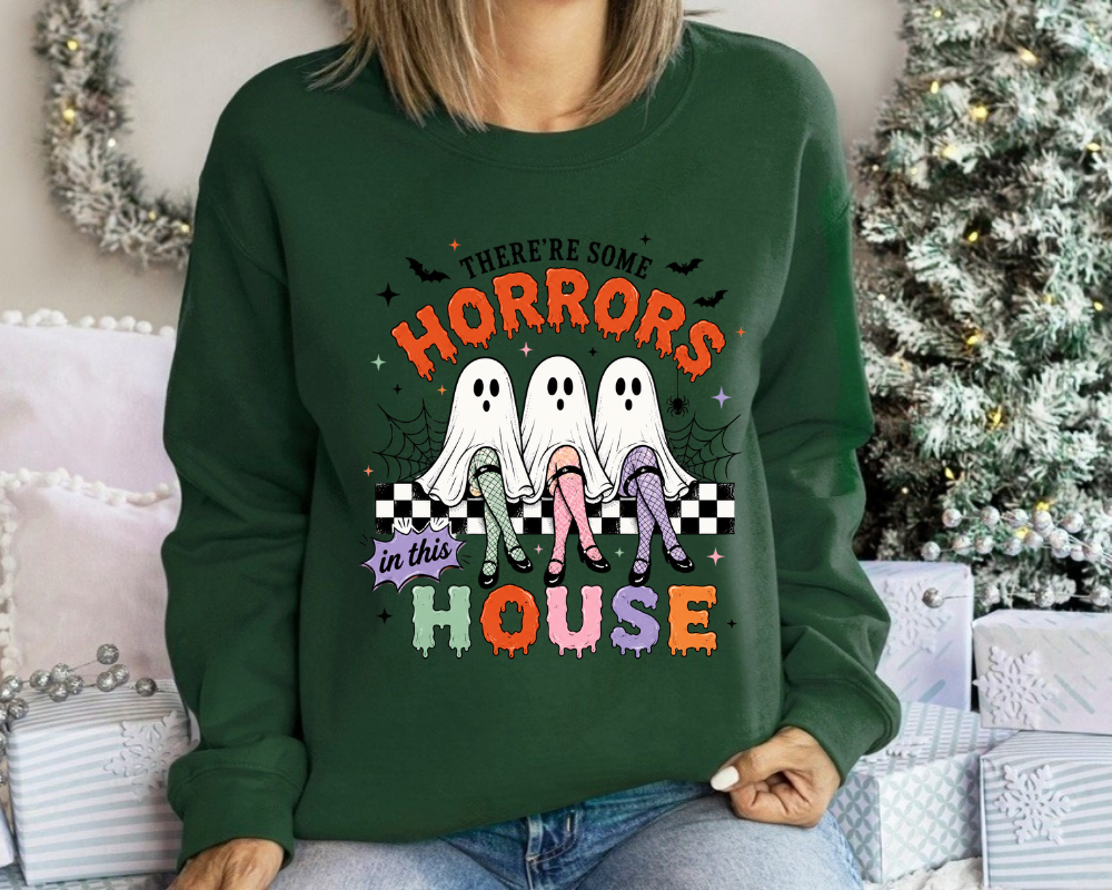 There's Some Horrors In This House Halloween Sweatshirt, Cute Ghost Trio Crewneck, Retro Coquette Spooky Season Pullover, Funny Ghost Graphic Sweatshirt, Halloween Gift for Women