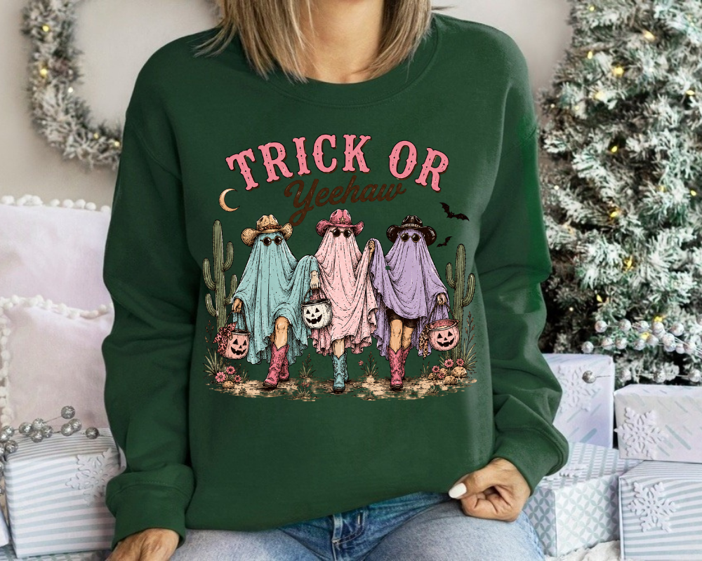 Trick Or Yeehaw Sweatshirt, Western Halloween Ghost Crewneck, Cowgirl Ghost Shirt, Country Fall Gift for Women