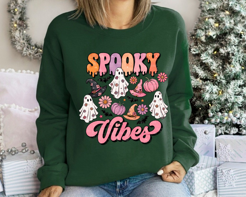 Halloween Sweatshirt, Cute Ghost Sweater, Spooky Vibes Vintage Fall Sweatshirt, Halloween Gift for Women