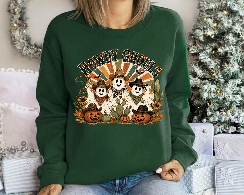 Howdy Ghouls Ghost Halloween Sweatshirt, Western Halloween Shirt, Cowboy Cowgirl Halloween Crewneck, Western Fall Sweater