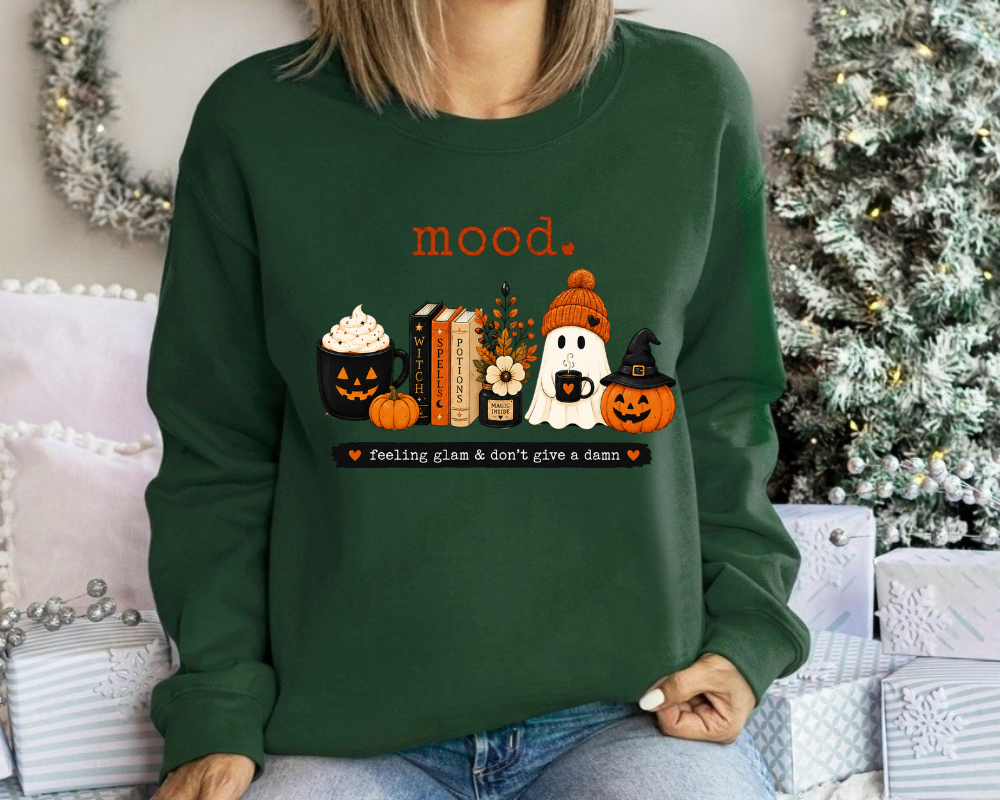 Mood Halloween Sweatshirt, Cute Ghost Pumpkin Coffee Crewneck, Cozy Fall Graphic Sweatshirt, Spooky Book Lover Pullover, Autumn Gift for Women
