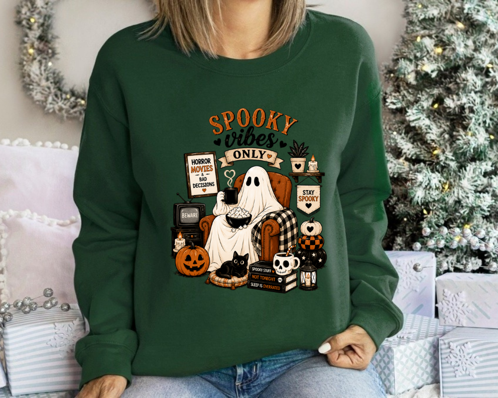 Spooky Vibes Only Halloween Sweatshirt, Cute Ghost Crewneck Sweatshirt, Cozy Fall Hoodie, Halloween Pumpkin Black Cat Sweatshirt, Gift for Women