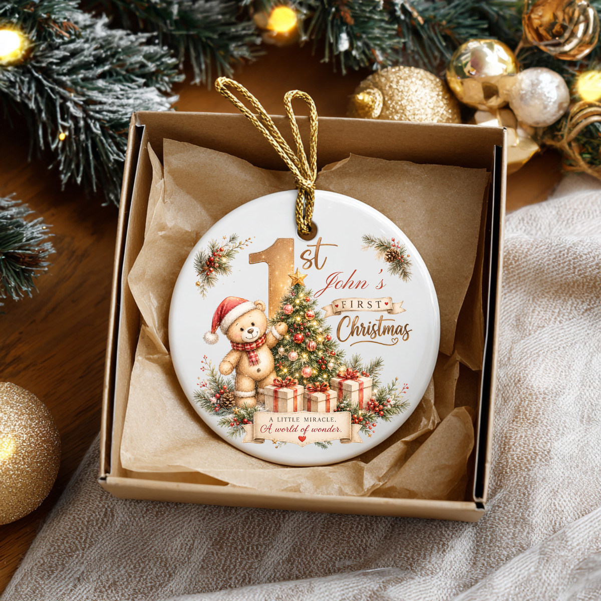 Personalized Teddy Bear Baby’s 1st Christmas Ornament 2026, Christmas Tree Ornaments