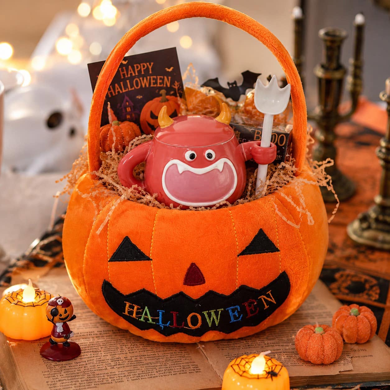 Spooky Halloween Monster Ceramic Mug Set with Lid and Spoon
