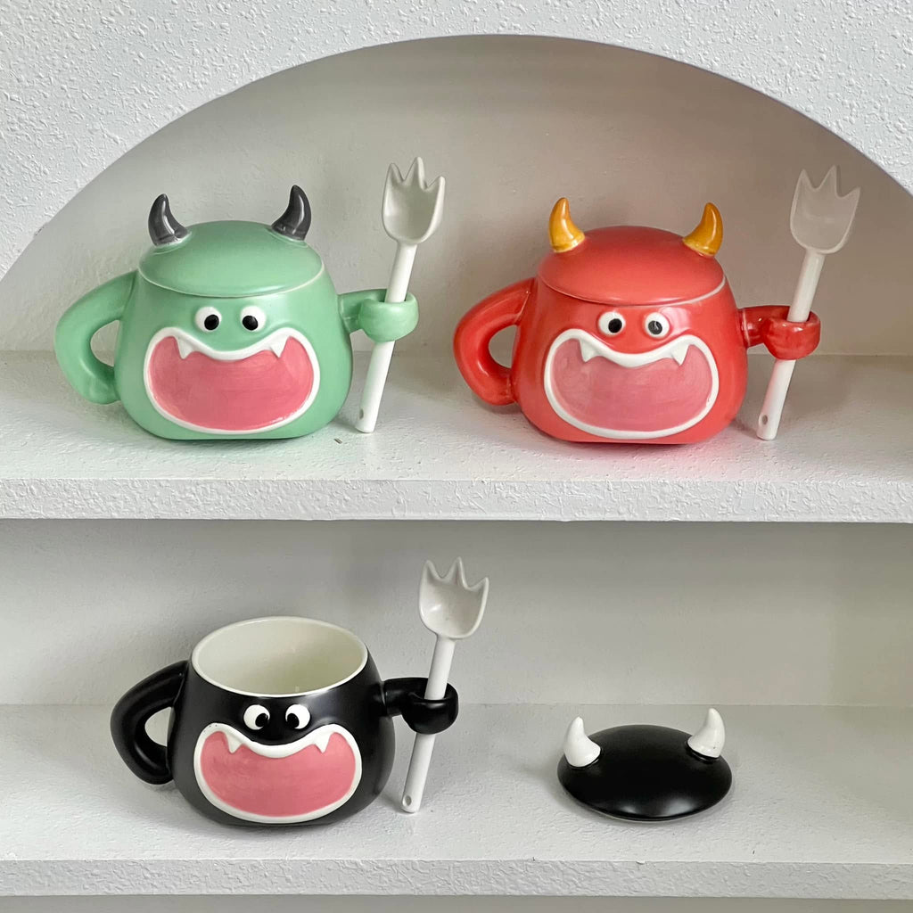 Spooky Halloween Monster Ceramic Mug Set with Lid and Spoon