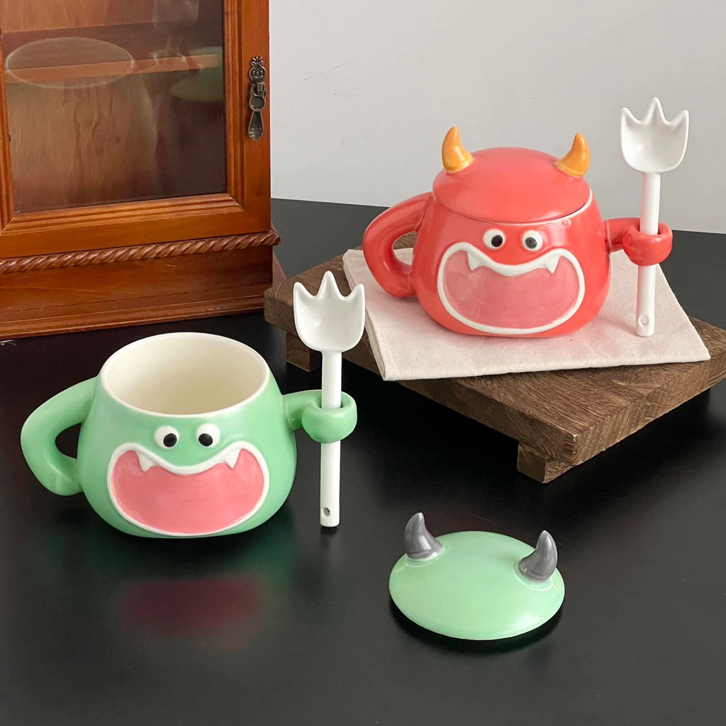 Spooky Halloween Monster Ceramic Mug Set with Lid and Spoon