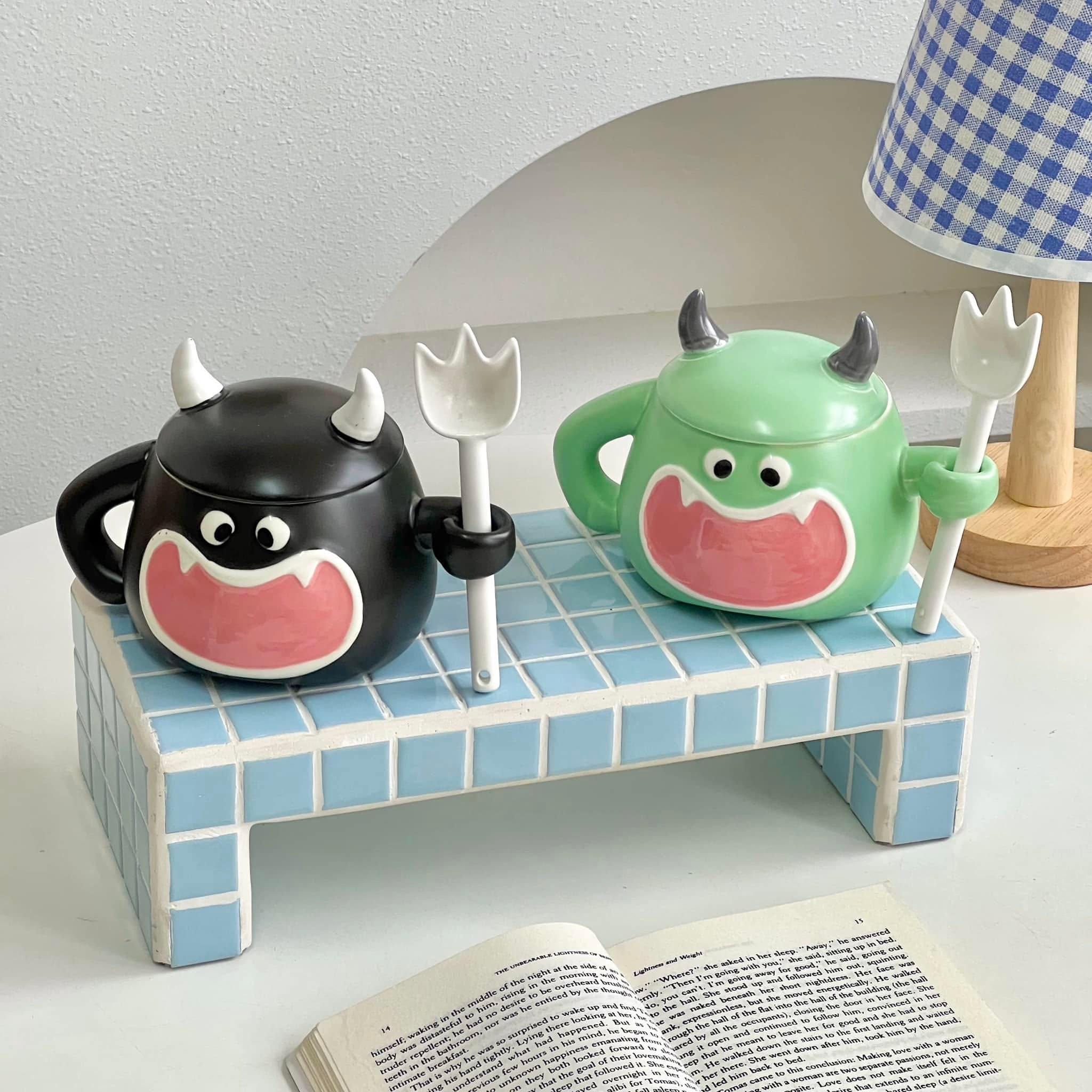 Spooky Halloween Monster Ceramic Mug Set with Lid and Spoon