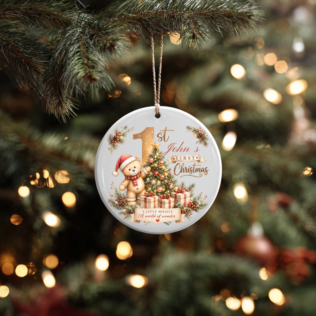 Personalized Teddy Bear Baby’s 1st Christmas Ornament 2026, Christmas Tree Ornaments