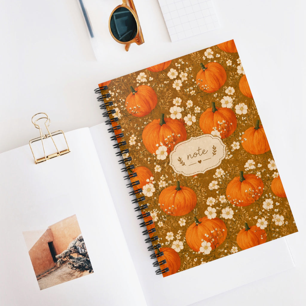 Fall Pumpkin Spiral Notebook – Vintage Floral 6x8 Ruled Journal, Autumn Notebook, Cozy Fall Stationery